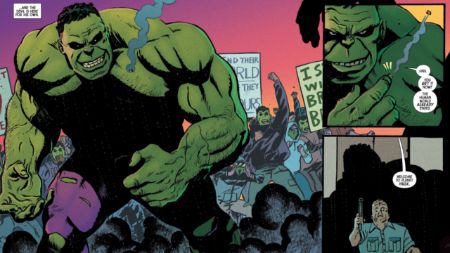 A Man fires a gun at the Hulk but nothing happens to him.